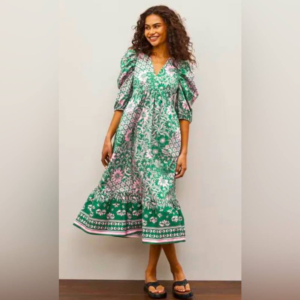 Pink and Green puff shelve floral poplin dress